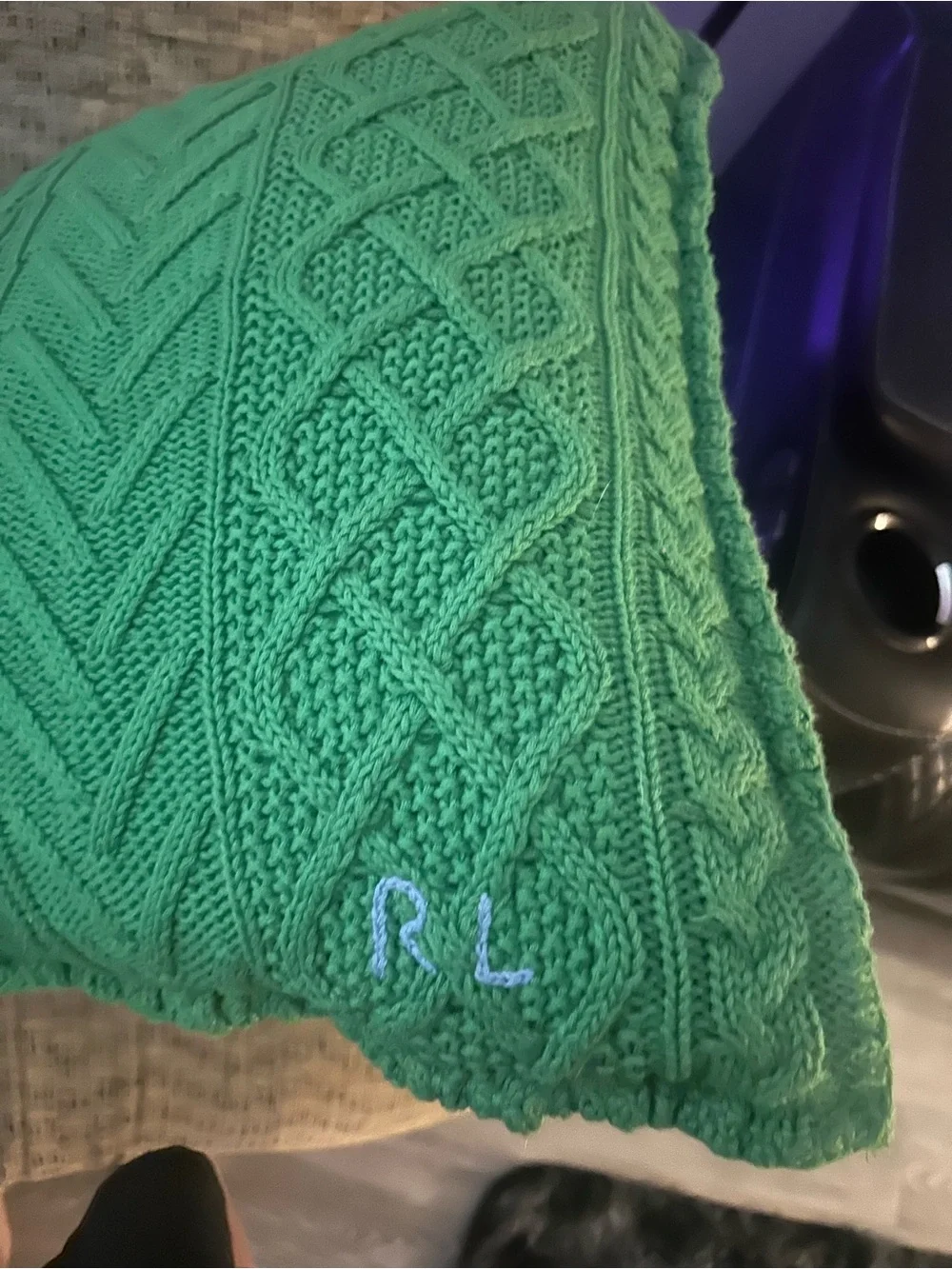 Ralph Lauren Green Cable Knit Accent Pillow with RL Monogram